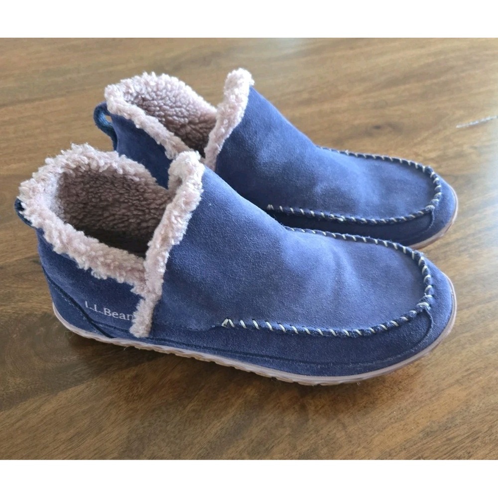 LL BEAN Women's Mountain Slippers Ankle Boot Mocs Suede/Shearling Indigo US9